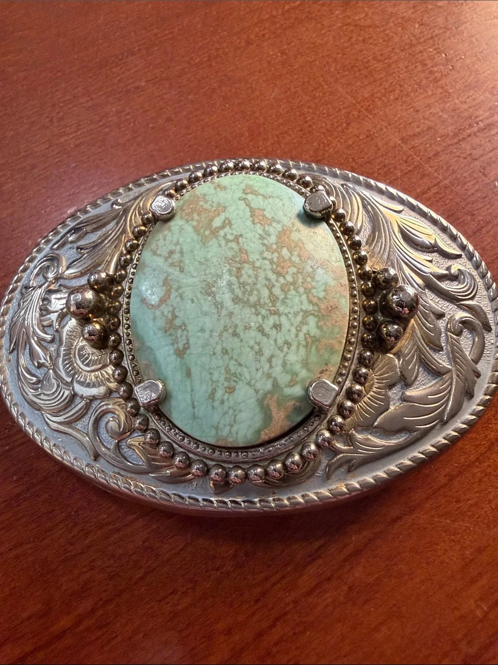 Turquoise Stone Silver-Tone Decorative Belt Buckle